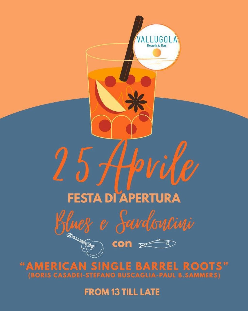 Locandina Opening Season Party a Baia Vallugola con musica live dei Single Barrel